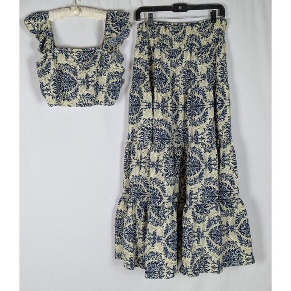 Women's Set L Cream Medallion Print Cap Sleeve Crop Top Maxi Skirt Pull On Comfy - Picture 2 of 9